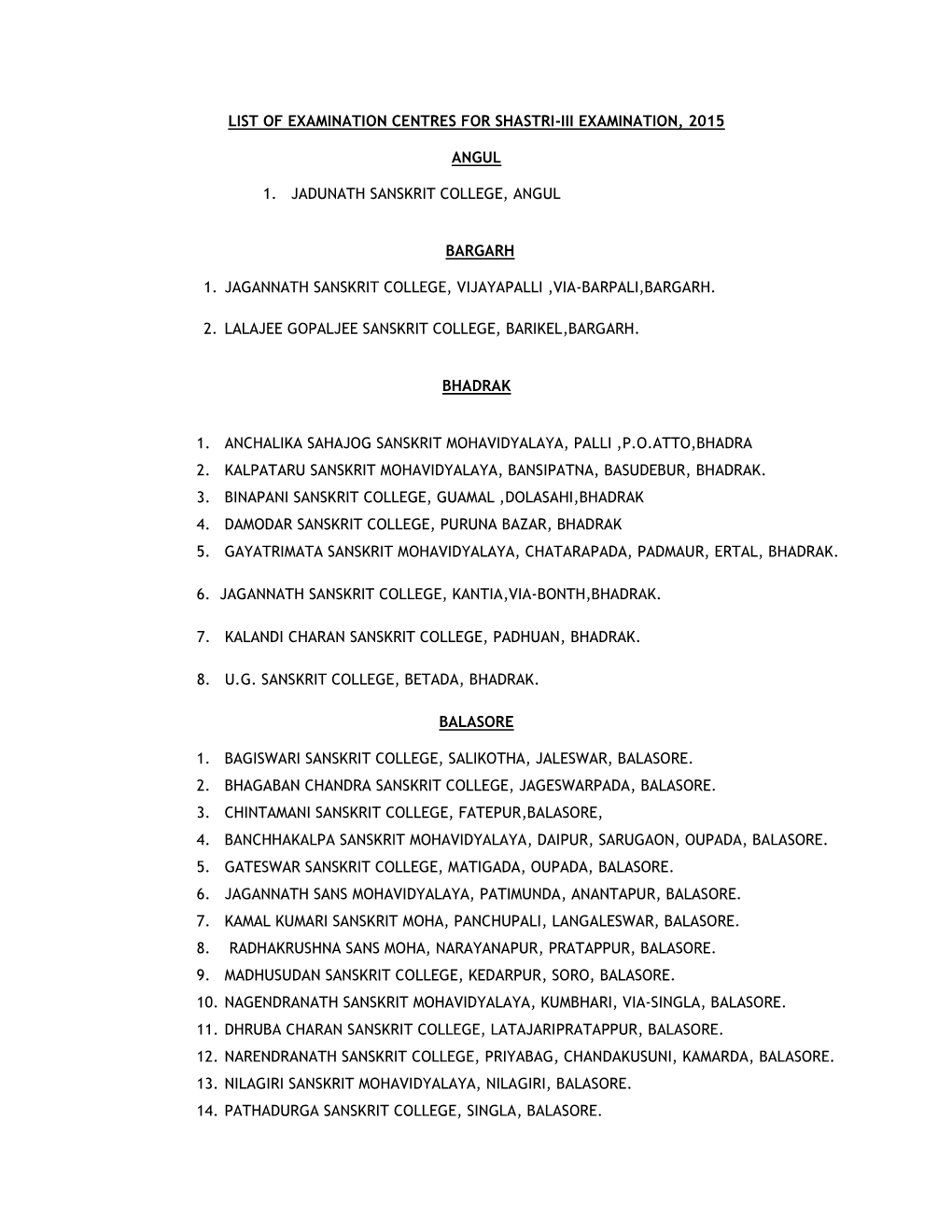 List of Examination Centres for Shastri-Iii Examination, 2015