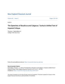 The Speeches of Boudicca and Calgacus: Tacitus's Unified Extt of Imperial Critique