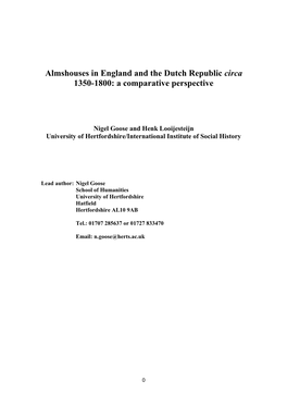 Almshouses in England and the Dutch Republic Circa 1350-1800: a Comparative Perspective