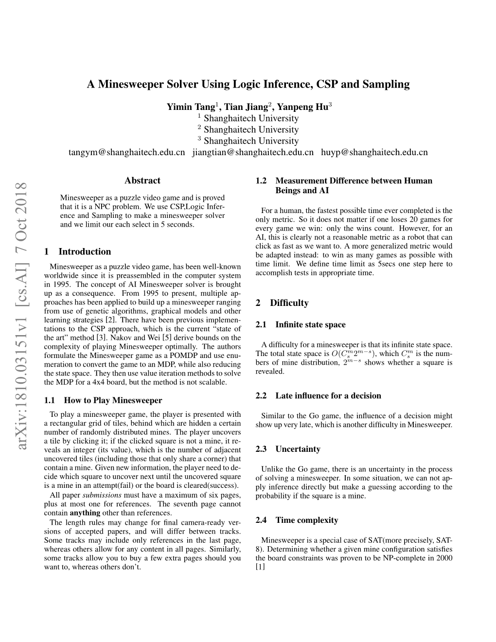 Arxiv:1810.03151V1 [Cs.AI] 7 Oct 2018