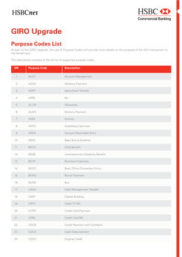 GIRO Upgrade Purpose Codes List