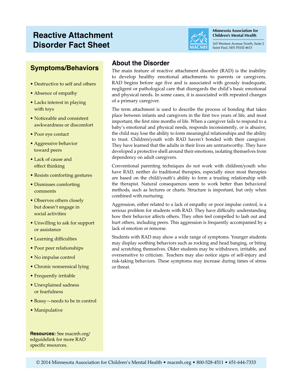Reactive Attachment Disorder Fact Sheet