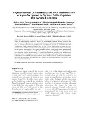 Physicochemical Characteristics and HPLC Determination of Alpha-Tocopherol in Eighteen Edible Vegetable Oils Marketed in Nigeria