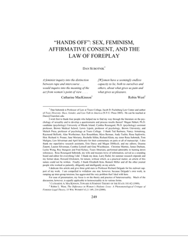 "Hands Off": Sex, Feminism, Affirmative Consent, and the Law Of