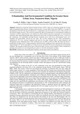Urbanization and Environmental Condition in Greater Karu Urban Area, Nasarawa State, Nigeria