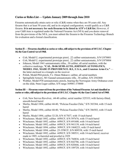 Curios Or Relics List — Update January 2009 Through June 2010