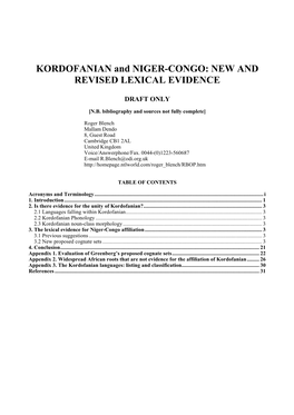 KORDOFANIAN and NIGER-CONGO: NEW and REVISED LEXICAL EVIDENCE
