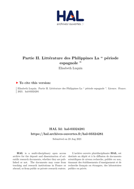 Partie II. Littérature Des Philippines La `` Période Espagnole ''