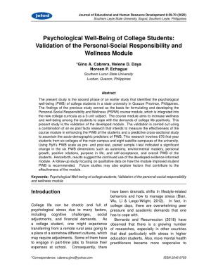 Psychological Well-Being of College Students: Validation of the Personal-Social Responsibility and Wellness Module