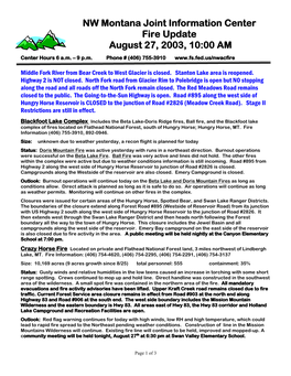 NW Montana Joint Information Center Fire Update August 27, 2003, 10:00 AM