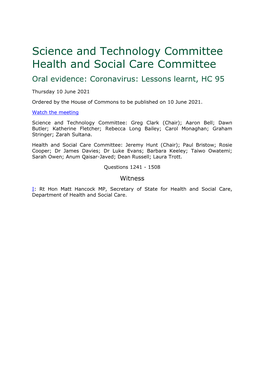 Science and Technology Committee Health and Social Care Committee Oral Evidence: Coronavirus: Lessons Learnt, HC 95