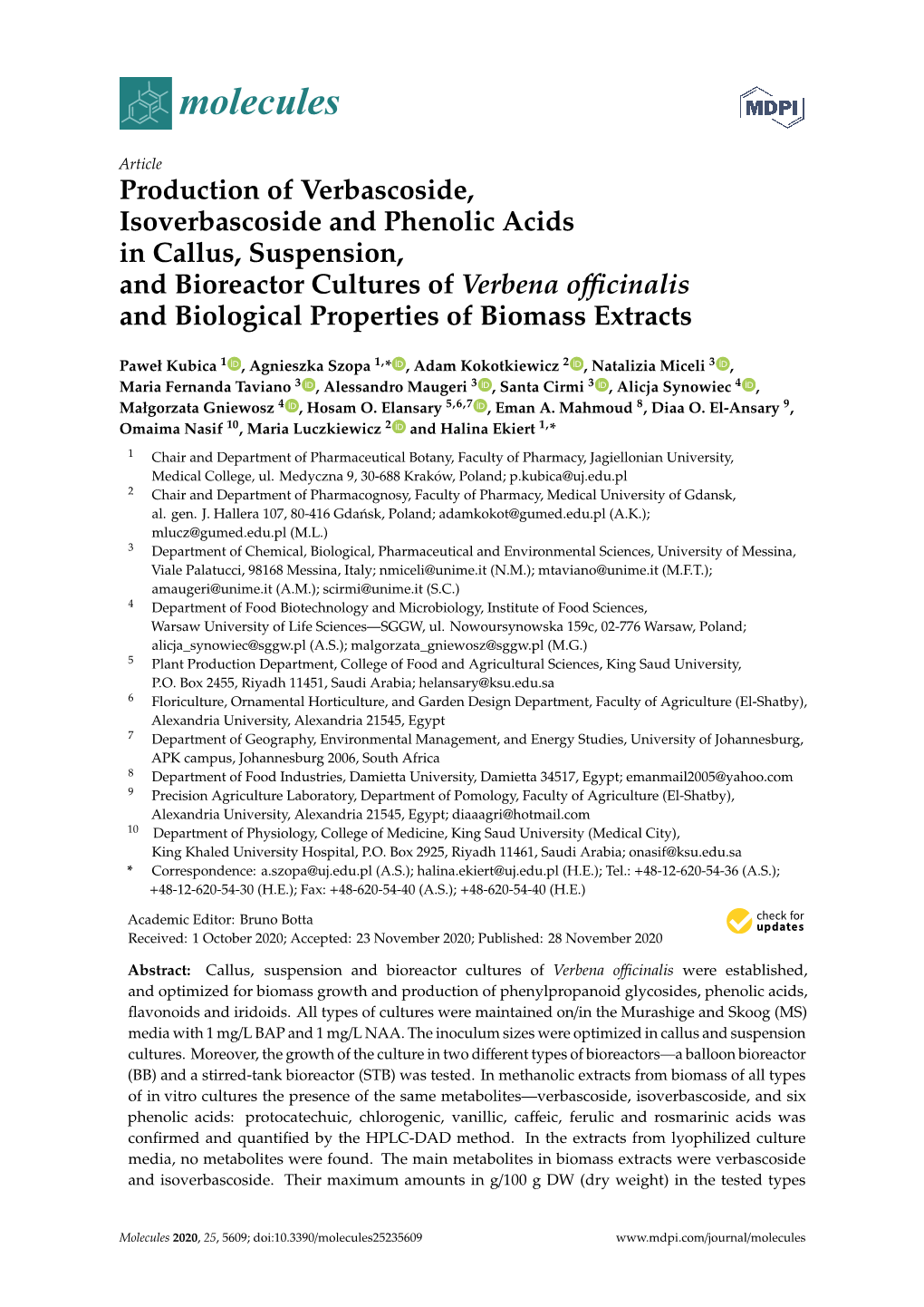 Production of Verbascoside, Isoverbascoside and Phenolic