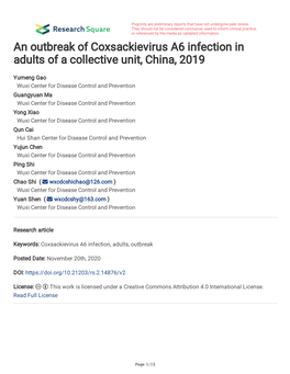 An Outbreak of Coxsackievirus A6 Infection in Adults of a Collective Unit, China, 2019