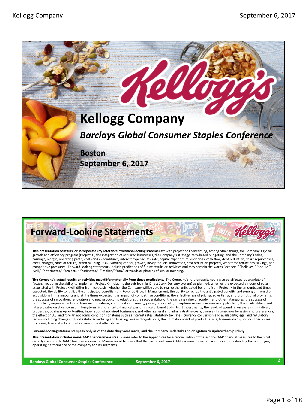 Kellogg Company September 6, 2017