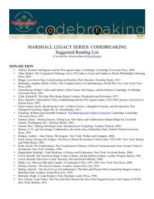CODEBREAKING Suggested Reading List (Can Also Be Viewed Online at Good Reads)