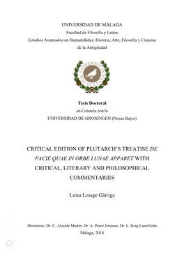 Critical Edition of Plutarch's Treatise De Facie Quae in Orbe Lunae