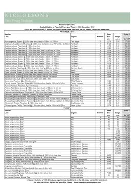 N I C H O L S O N S Plants Forestry Landscapes Prices for 2012/2013 Availability List of Pleached Trees and Topiary - 13Th November 2012 Prices Are Inclusive of VAT