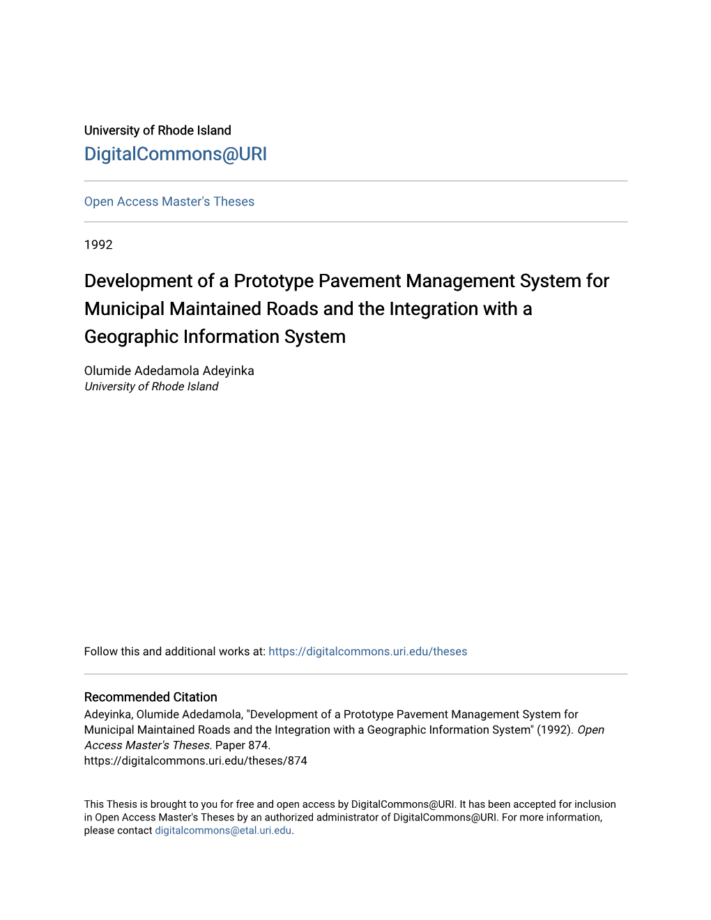 Development of a Prototype Pavement Management System for Municipal Maintained Roads and the Integration with a Geographic Information System