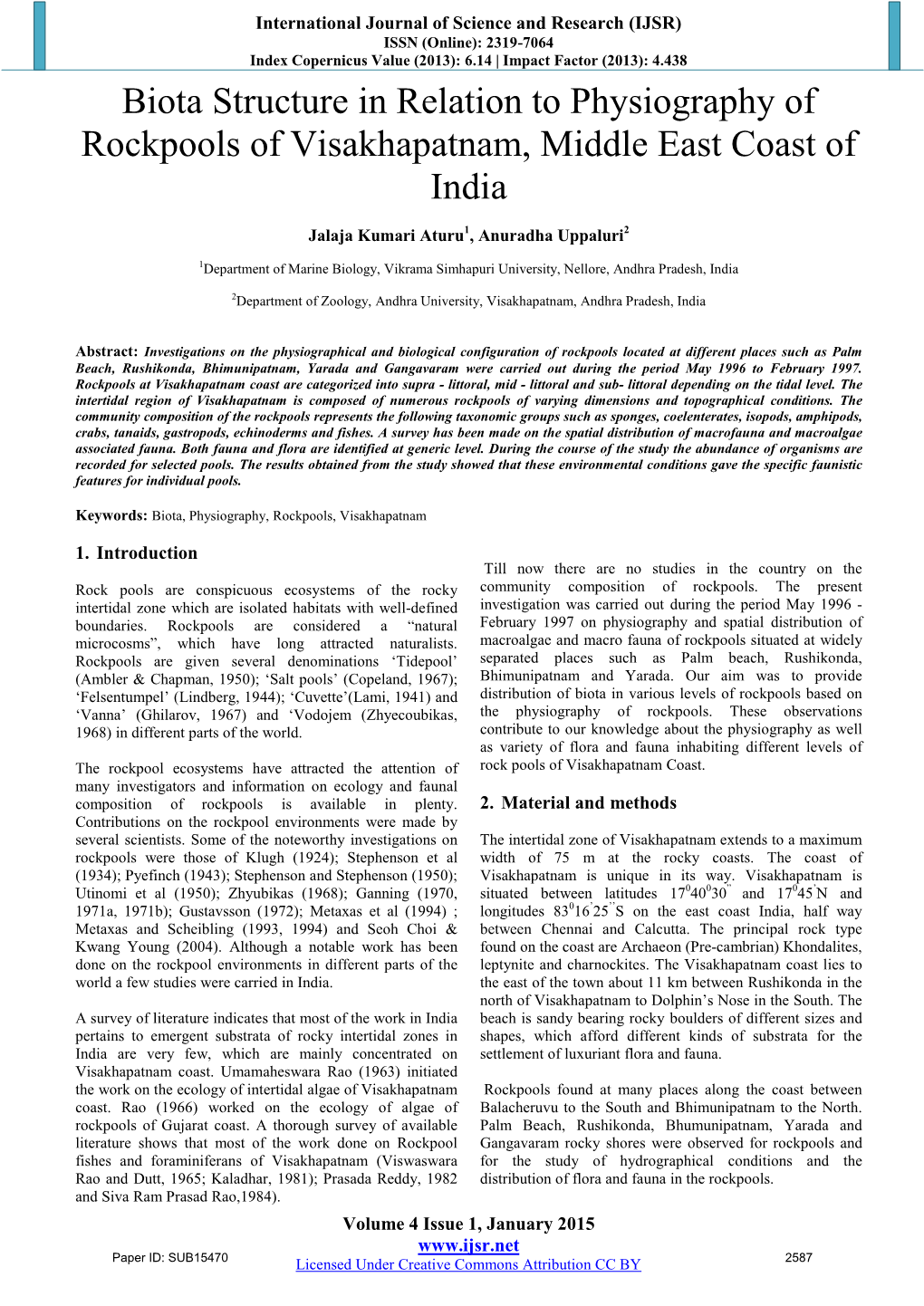 Biota Structure in Relation to Physiography of Rockpools of Visakhapatnam, Middle East Coast of India