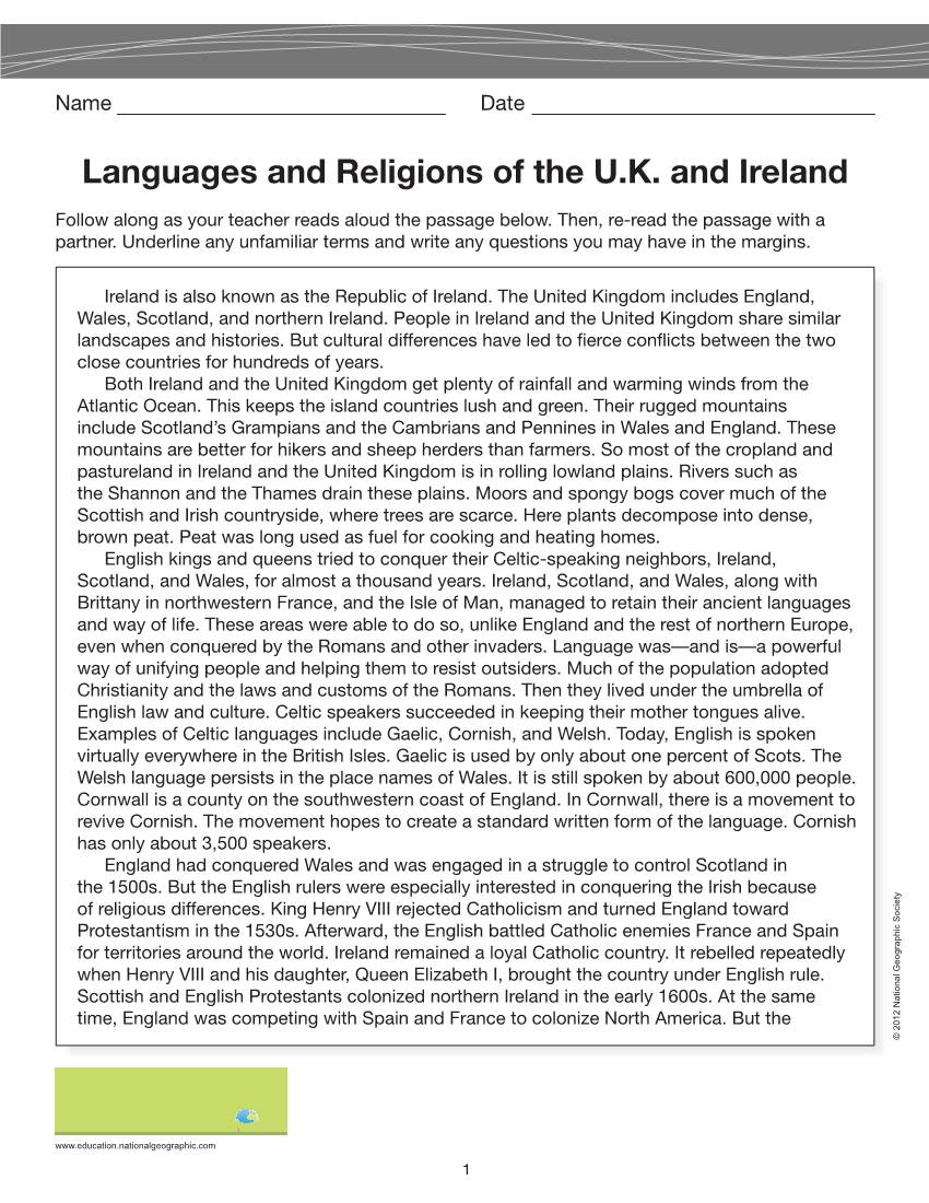 Languages and Religions of the U.K. and Ireland