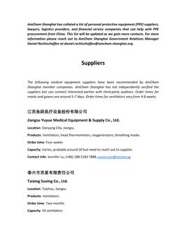 Suppliers, Lawyers, Logistics Providers, and Financial Service Companies That Can Help with PPE Procurement from China