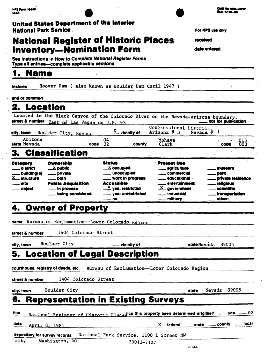 National Register Off Historic Places Inventory