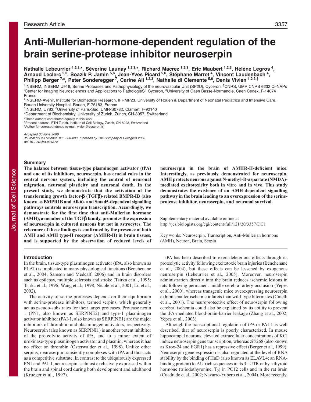 Anti-Mullerian-Hormone-Dependent Regulation of the Brain Serine-Protease Inhibitor Neuroserpin