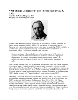 All Things Considered” (First Broadcast) (May 3, 1971) Added to the National Registry: 2016 Essay by Tom Mccourt (Guest Post)*