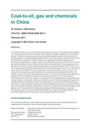 Coal-To-Oil, Gas and Chemicals in China