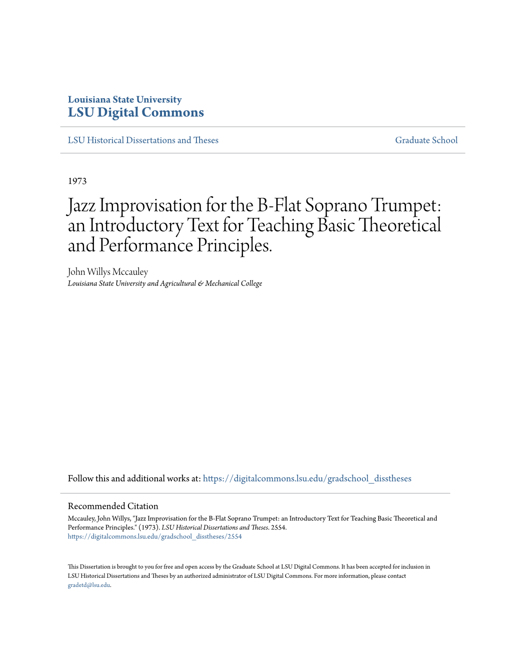 Jazz Improvisation for the B-Flat Soprano Trumpet: an Introductory Text for Teaching Basic Theoretical and Performance Principles