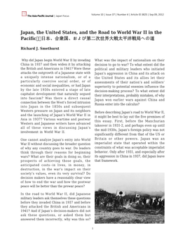 Japan, the United States, and the Road to World War II in the Pacific 日本、合衆国、および第二次世界大戦太平洋戦局への道