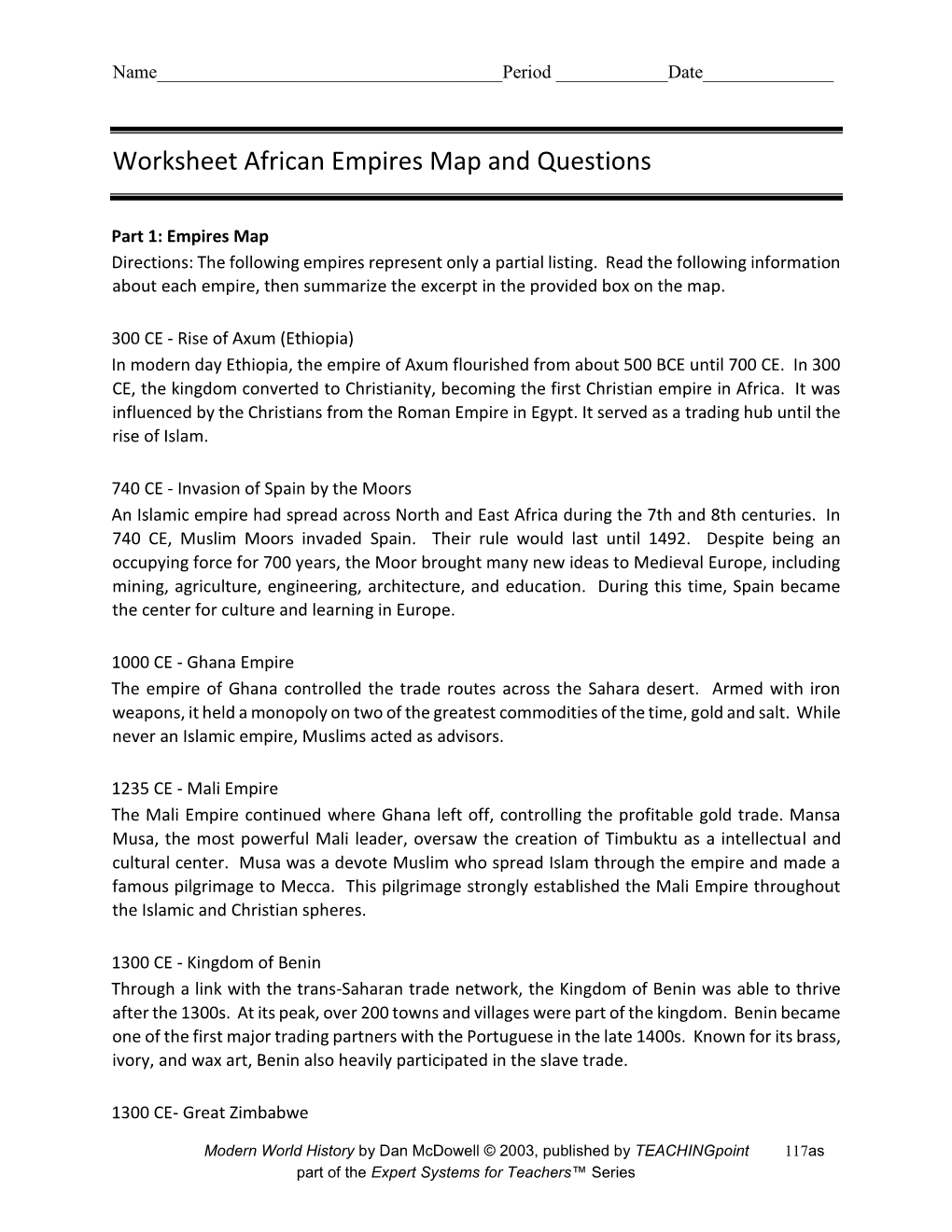 Worksheet African Empires Map and Questions
