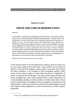 Virtue and Care in Modern Ethics