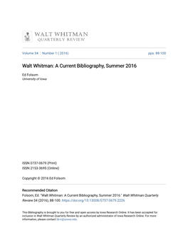 Walt Whitman: a Current Bibliography, Summer 2016