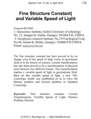 Fine Structure Constant| and Variable Speed of Light