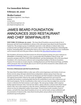 James Beard Foundation Announces 2020 Restaurant and Chef Semifinalists