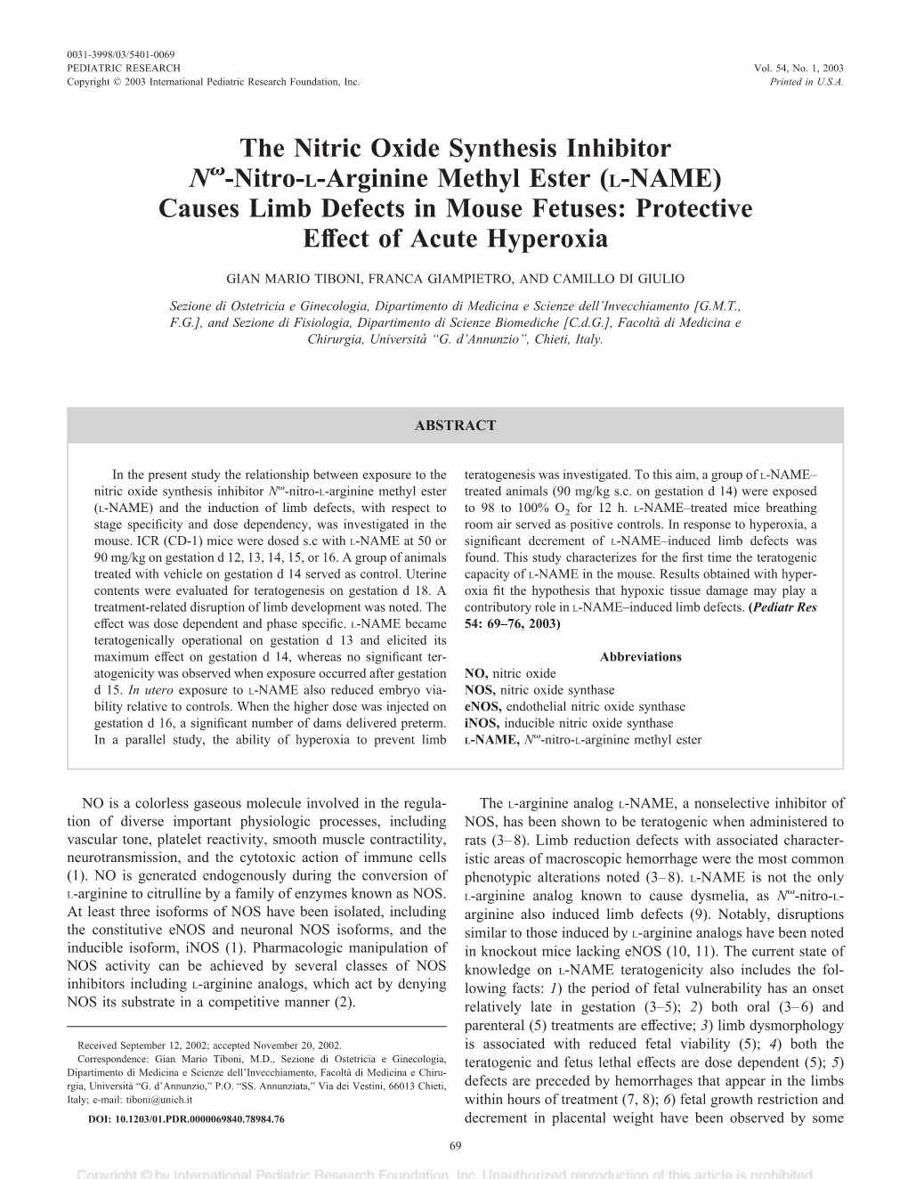 Nitro-L-Arginine Methyl Ester (L-NAME) Causes Limb Defects in Mouse Fetuses: Protective Effect of Acute Hyperoxia