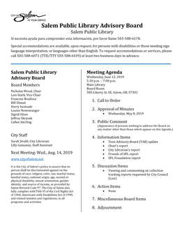 Salem Public Library Advisory Board Agenda for June 12, 2019