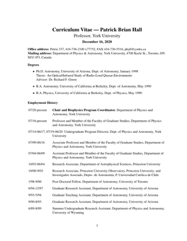 Curriculum Vitae — Patrick Brian Hall Professor, York University December 16, 2020