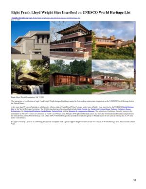 Eight Frank Lloyd Wright Sites Inscribed on UNESCO World Heritage List