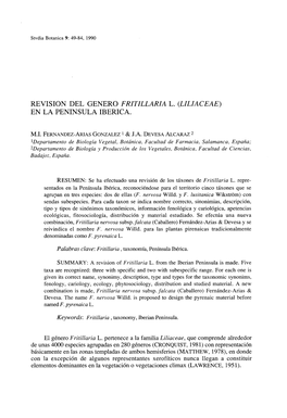 Revisión Del Género Fritillaria L. (Liliaceae) En La Península Ibérica