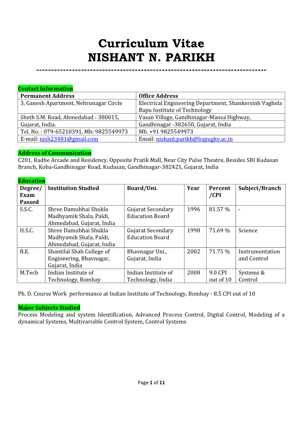 Curriculum Vitae NISHANT N. PARIKH