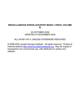 Miscellaneous Songs (Country Music Lyrics, Volume 8)