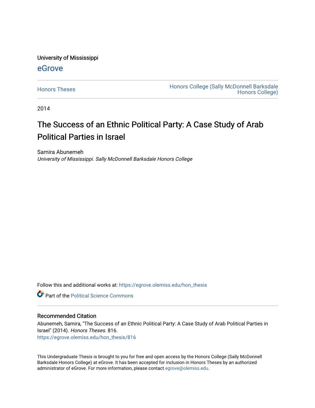 The Success of an Ethnic Political Party: a Case Study of Arab Political Parties in Israel