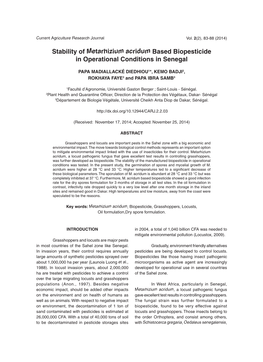 Stability of Metarhizium Acridum Based Biopesticide in Operational Conditions in Senegal