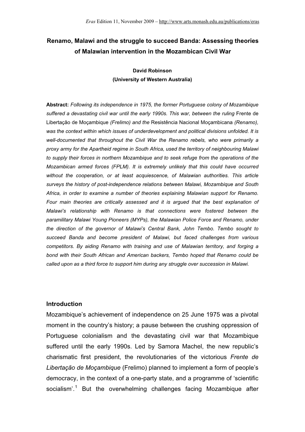 Renamo, Malawi and the Struggle to Succeed Banda: Assessing Theories of Malawian Intervention in the Mozambican Civil War