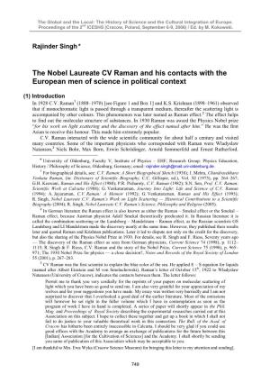 The Nobel Laureate CV Raman and His Contacts with the European Men of Science in Political Context