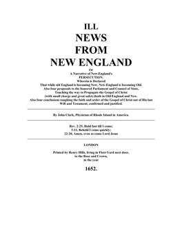 ILL NEWS from NEW ENGLAND Or a Narrative of New-England's PERSECUTION