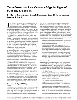 Transformative Use Comes of Age in Right of Publicity Litigation by David Leichtman, Yakub Hazzard, David Martinez, and Jordan S