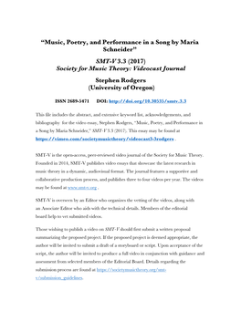 Music, Poetry, and Performance in a Song by Maria Schneider” SMT-V 3.3 (2017) Society for Music Theory: Videocast Journal Stephen Rodgers (University of Oregon)